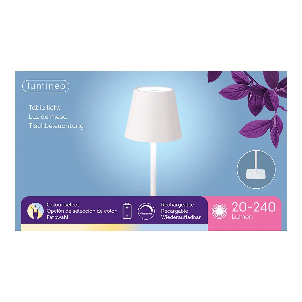 Lampara led recargable  de mesa color blanco para exterior y interior 27cm